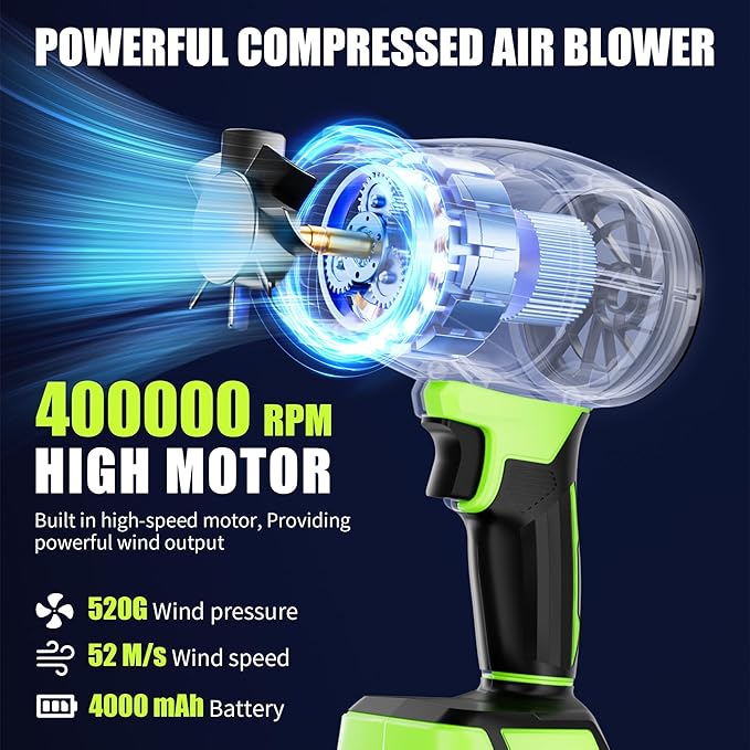 Portable Electric Cordless Leaf Blower – 400000RPM Handheld Blower with 4.0Ah Batteries & Charger, Variable Speed Lightweight Air Duster for Snow, Lawn, Patio & Dust Cleaning, Green
