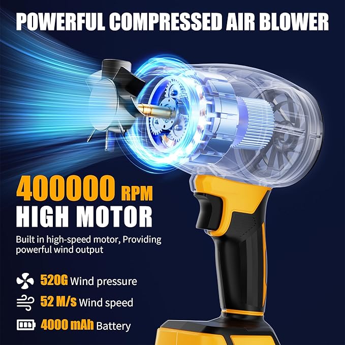 Portable Electric Cordless Leaf Blower – 400000RPM Handheld Blower with 2×4.0Ah Batteries & Charger, Variable Speed Lightweight Air Duster for Snow, Lawn, Patio & Dust Cleaning, Yellow