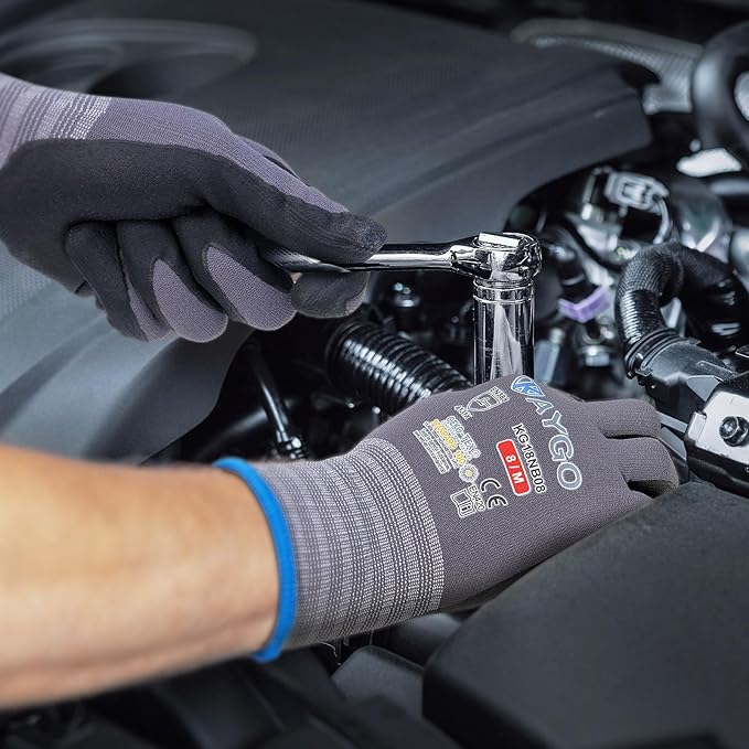 KAYGO Safety Work Gloves MicroFoam Nitrile Coated, 3 Pairs KG18NB,Seamless Knit Nylon Glove for Men and Women, Ideal for Automotive,Warehouse,Construction (2XL,Red)