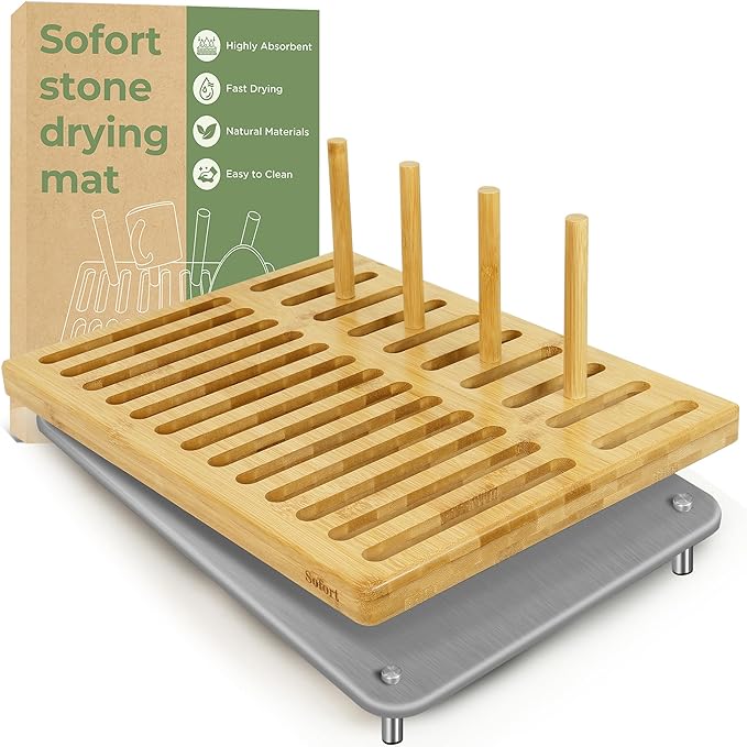 Sofort Stone Drying Mat for Kitchen Counter, Quick Dry Ultra Absorbent Dish Drying Mat with Bamboo Rack, Diatomaceous Earth Drying Pad for Dishes, Plates, Mugs 16″x12″