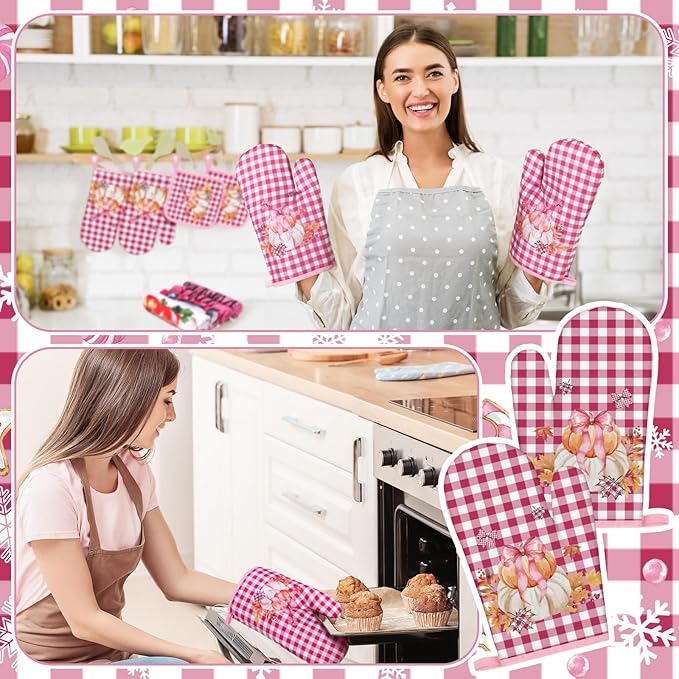 Fanfanwin 10 Pcs Thanksgiving Pumpkin Kitchen Decor Set Pink Kitchen Towels Pot Holders Oven Mitts and Rugs Set for Baking Cooking BBQ Thanksgiving Home Decor