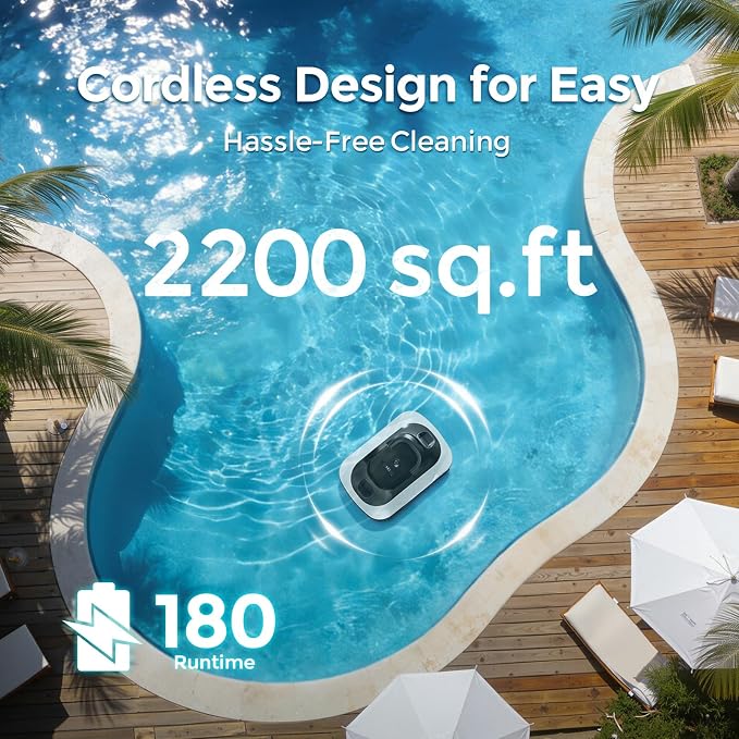 C5 Robotic Pool Cleaner, Cordless Pool Vacuum for Above-Ground & Inground Pools up to 2,200 Sq.Ft, Strong Suction, 180-Min Runtime, Smart Auto-Parking & 2.7L Large Debris Basket