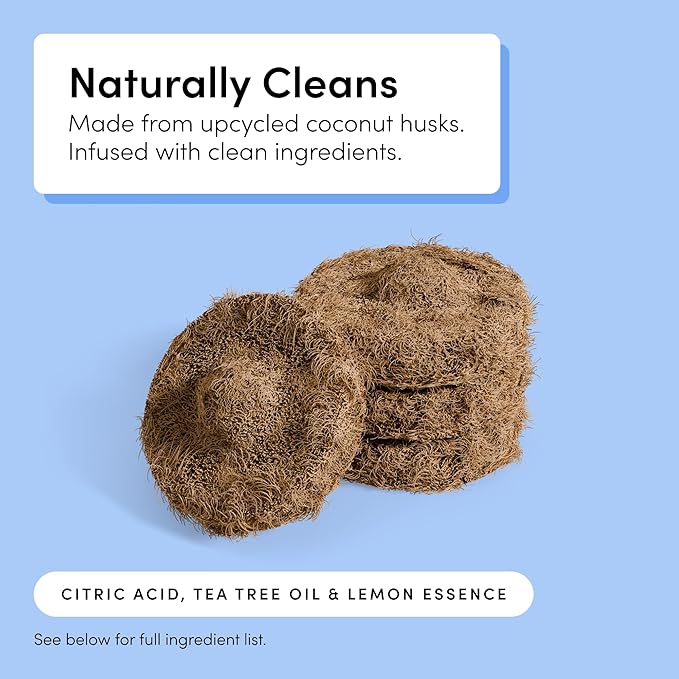 TUSHY Toilet Brush 2.0 Set | with Cleanser-Infused Pads and Holder | Disposable Planet Friendly Refills | Includes 8 Lemon and Tea Tree Coconut Husk Scrubbing Pads