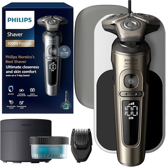 Philips S9000 Prestige Electric Shaver w/Qi Wireless Charging & Quick Clean Pod for Dry/Wet Use, SenseIQ Tech, Efficient, Fast Charge, One-Touch Open, Premium Case
