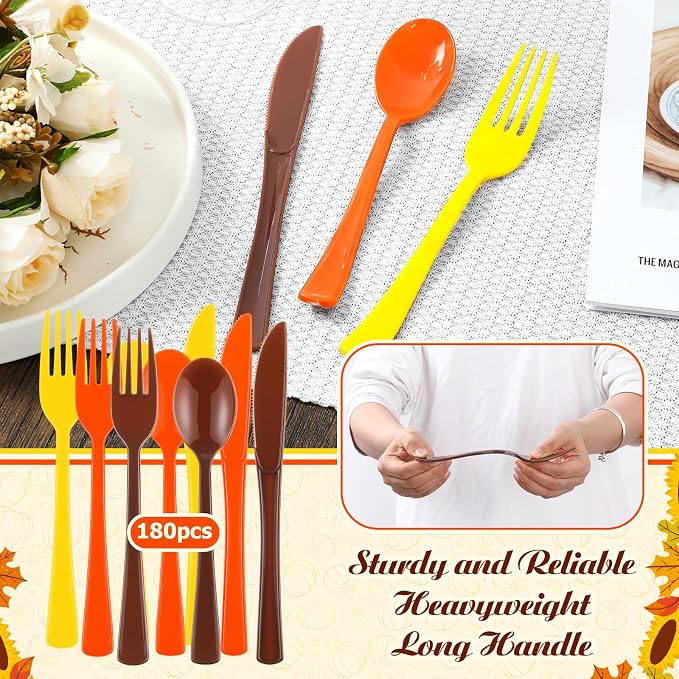Minatee 180 Pcs Plastic Silverware Heavy Duty Cutlery Sets Disposable Utensils for Holiday Birthday Themed Party Supplies, 60 of Each Forks Knives Spoons(Brown,Orange,Yellow)