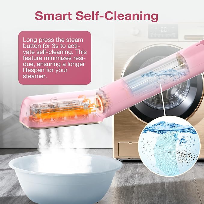 Newbealer 100-240V Clothes Steamer, 2in1 Travel Iron, 2 Steam Levels, 90ml | Portable for On-the-Go, Heats in 20s, Dry Iron No Clamp, 180° Swivel Head, 360° Leak-Proof, Auto-Off, Self-Clean, Light Pink