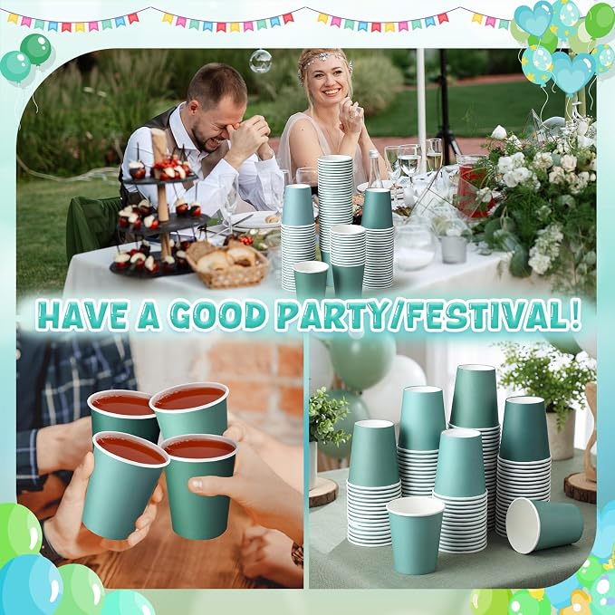 100 Pcs Sage Green Paper Cups 7 oz Disposable Party Cups Bulk for Birthday Rainbow Party Supplies DIY and Holiday Hot Cold Beverage