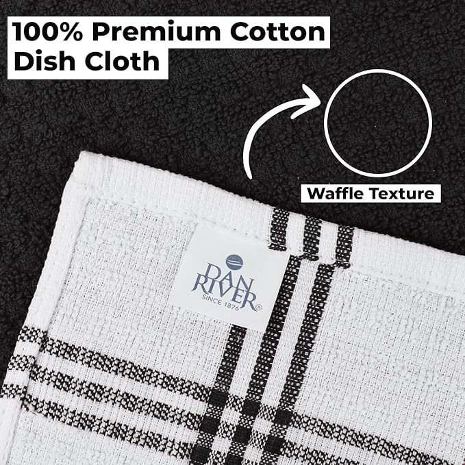 DAN RIVER Premium Dish Cloth 100% Cotton 12 X 12 Inches |Pack of 8|-Ultra Soft Tea Towels-Highly Absorbent Kitchen Rags-Terry Dishcloth for Kitchen and Household Cleaning |Black|