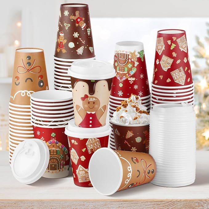 Gerrii 100 Set Christmas Paper Cups Disposable 12 oz with Lids Hot Chocolate Cups Coffee Cups Holiday Hot Cups for Hot and Cold Drinks Tea Water Bar Supplies Winter Season (Gingerbread Man Style)