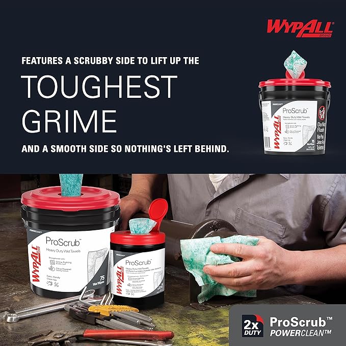 WypAll PowerClean ProScrub Heavy Duty Wet Towels (91371), Dual Action Cleaning, Large 9.5" x 12" Wipes, Bucket Included (6 Containers of 75 Sheets, 450 Sheet Total)