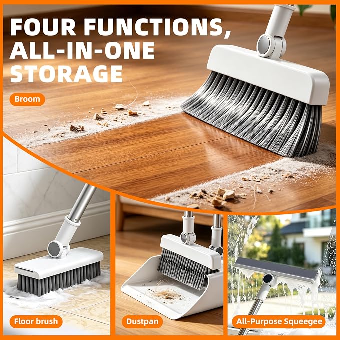 SDSM Broom with Dustpan Combo Set, 4 in 1 Multifunctional Broom and Dustpan with 52" Long Handle, Concealed Squeegee and Cleaning Brush, for Clean Home Kitchen Bathroom Office, Indoor Outdoor Floor