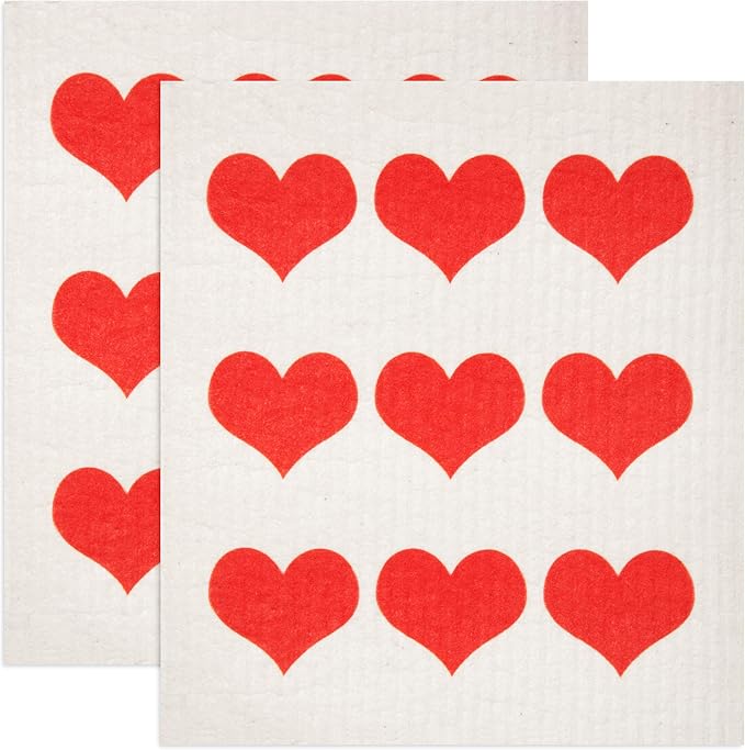Swedish Dishcloths 2-Pack - Reusable Eco-Friendly Sponge Cloths, Super Absorbent Biodegradable Kitchen Cleaning Towels, Machine Washable, Red Hearts Row Design, 7.87"x6.88"