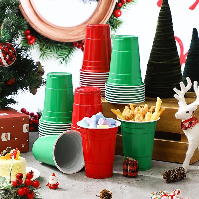100 Pcs 16 Oz Christmas Plastic Cups Red and Green Disposable Shot Cups Bulk Holiday Christmas Party Cup Shot Glasses for Drinking Beverage Xmas Winter Party Supplies Camping Picnic Birthday