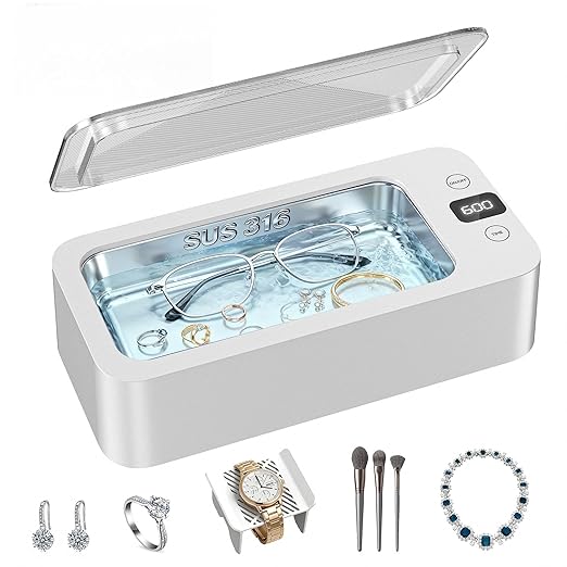 Ultrasonic Jewelry Cleaner, 50khz Professional Ultrasonic Cleaner Machine for Jewelry, Eyeglasses, Watches, Dentures,5 Time Modes,316 Stainless Steel Tank,500ml Capacity (White).