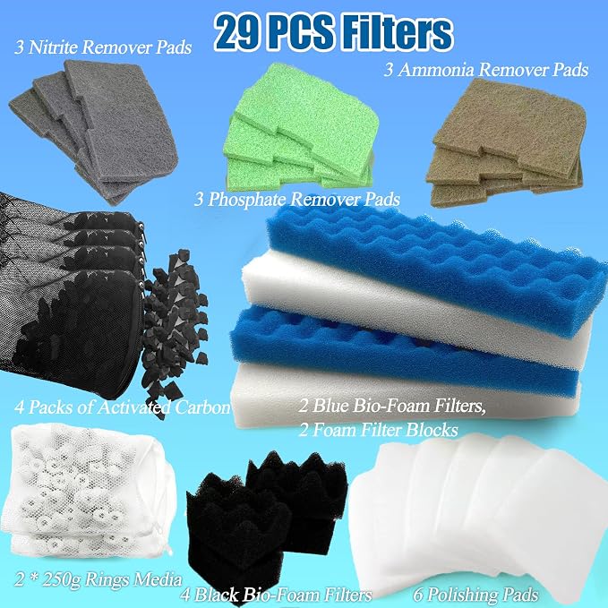 PurifyLogix 29PCS Upgraded Bio Foam Set for Fluval 406/407 Aquarium Filters | Activated Carbon/Blue/White/Black Bio Foam/Nitrite/Phosphate/Ammonia Remover for Replacement Filter Media Kit