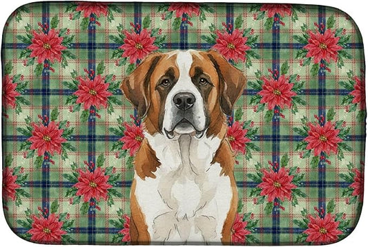 Caroline's Treasures Brown and White Saint Bernard Christmas PoinsettIas Dish Drying Mat Absorbent Dish Drying Mat Pad for Kitchen Counter Dish Drainer Mat for Countertop, 14 x 21", Multicolor