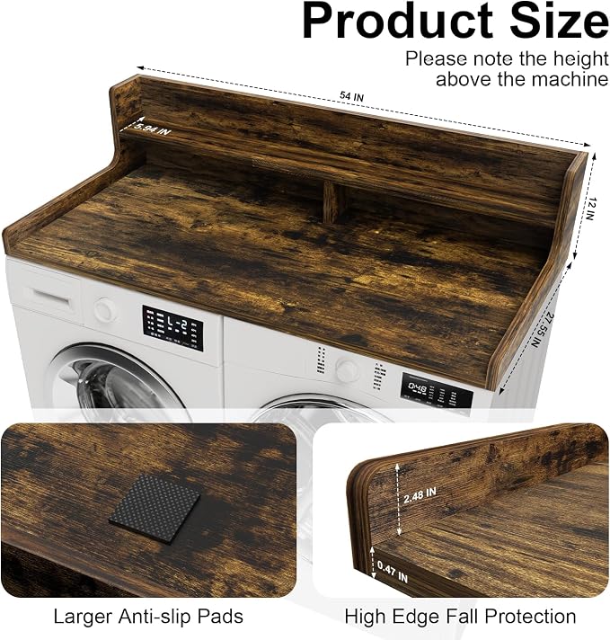 Washer Dryer Countertop, 54" x 27.55" 2-Tier Washer Dryer Topper with Edge, for Laundry Room Organization Rustic Brown