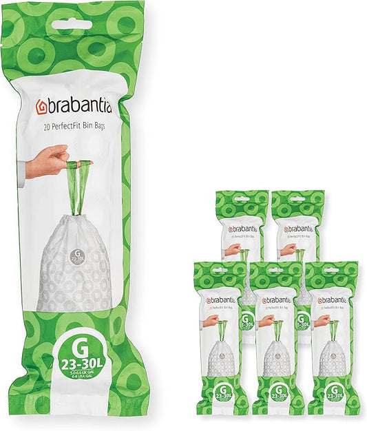 Brabantia PerfectFit Trash Bags (Size G/6-8 Gal) Thick Plastic Trash Can Liners with Drawstring Handles (120 Bags)