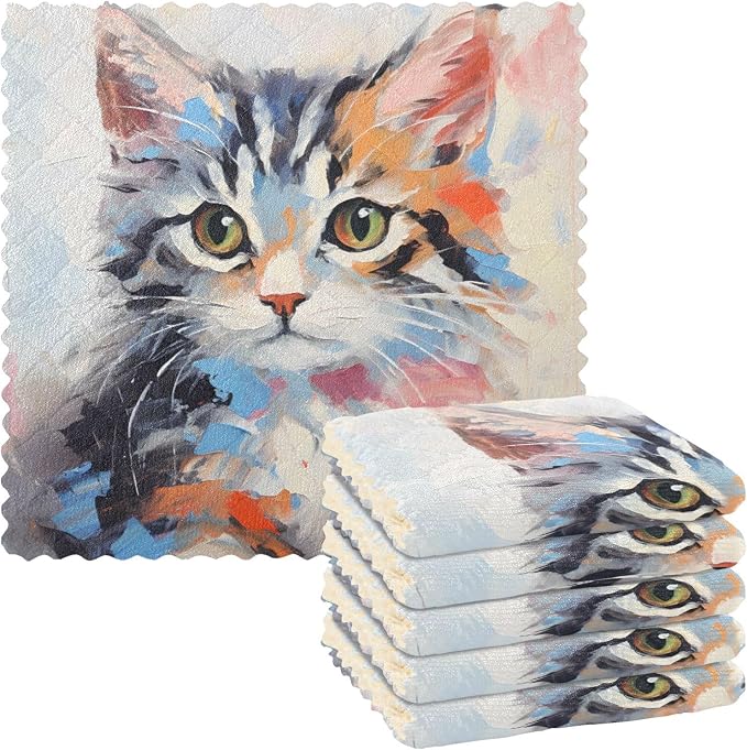 ALAZA Dish Towels - Cute Cat Oil Painting Kitchen Cloths Absorbent Soft Towel Set of 6, 11"x11"