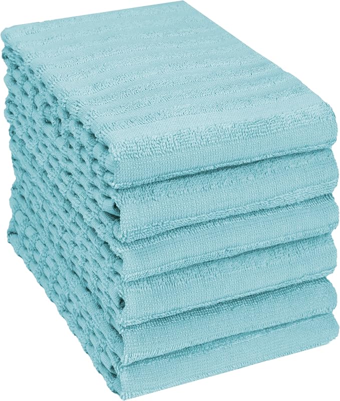 Premium Kitchen Towels (20”x 28”, 6 Pack) | Large Cotton Dish Towels 450 GSM | Highly Absorbent Terry Kitchen Linen Set with Hanging Loop | Aqua Solid