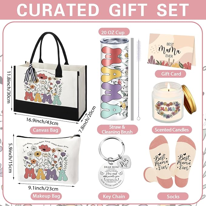 Patelai 7 Pcs Mothers Day Gifts, Mom Birthday Gifts Mothers Day Gift from Daughter Son Child Ideas Basket Gift for Women with 20 oz Cup Tote Bag Makeup Bag for Mother