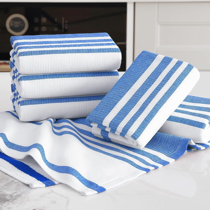 Homaxy Premium Kitchen Towels 18”x 28”, Large Cotton 380 GSM Kitchen Hand Towels, Stripe and Terry Dish Towel, Highly Absorbent Tea Towel Set with Hanging Loop, 6 Pack, Blueberry