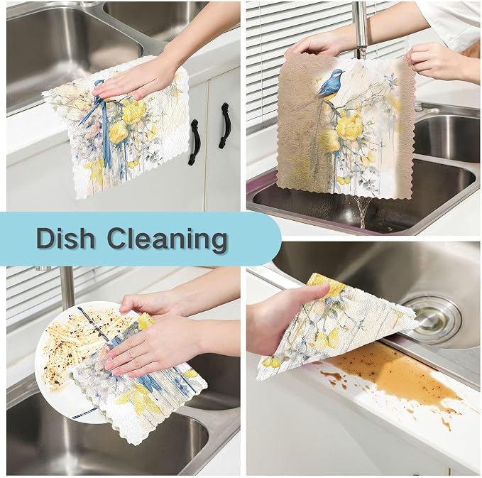 ALAZA Dish Towels - Absorbent Kitchen Cloths, Blue Bird with Yellow Flowers Butterflies Pattern, Soft Lint Free Bar Tea Towels, Set of 6, 11"x11"