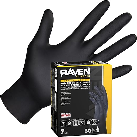 Raven Exam Grade Nitrile Disposable Gloves XL, Powder Free Latex Free Gloves, 7 Mil Puncture Resistant, For Law Enforcement, Automotive, Health Care & Cleaning Supplies, 50 Count