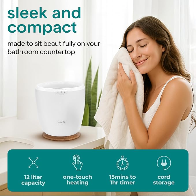 SereneLife Counter Towel Warmer Bucket - with Customized Fragrance for Spa and Bathroom, Luxury Towel Heater, Auto Shut Off, Fits 1 Large Towel, Blanket, Bathrobe, PJs (Natural)
