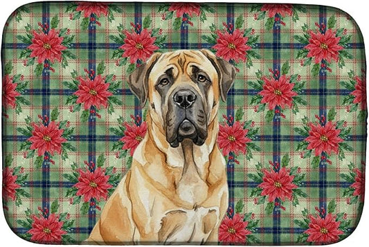Caroline's Treasures Fawn English Mastiff Christmas PoinsettIas Dish Drying Mat Absorbent Dish Drying Mat Pad for Kitchen Counter Dish Drainer Mat for Countertop, 14 x 21", Multicolor