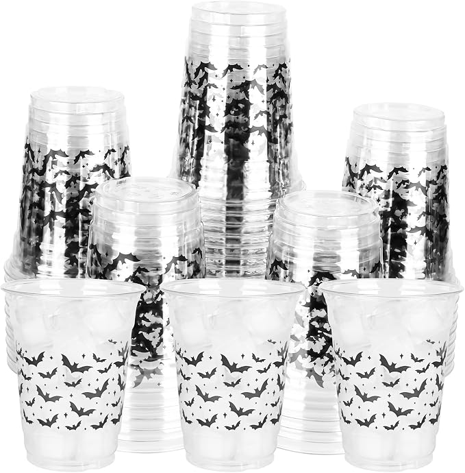 AimFun 50Pcs Summer Halloween Bats Clear Plastic Cups | Black Bats, Disposable Party Cup,12oz, Summerween Party, for Candy Beverage Snacks Birthday Baby Shower Pool Party