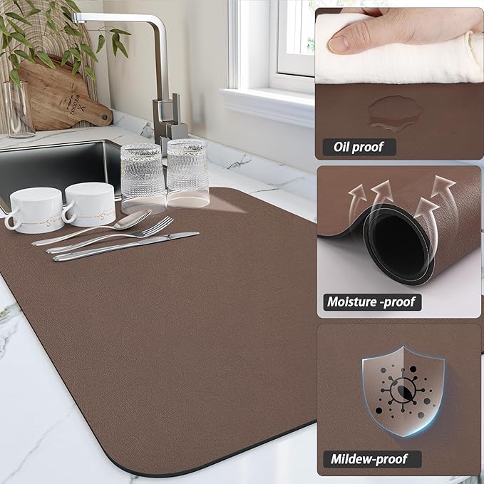 HotLive Dish Drying Mat for Kitchen Counter, Heat Resistant Drainer Mats with Non-slip Rubber Backed, Hide Stain Kitchen Super Absorbent Draining Mat, Easy to Clean Dish Rack Pad, Brown 18"x28"