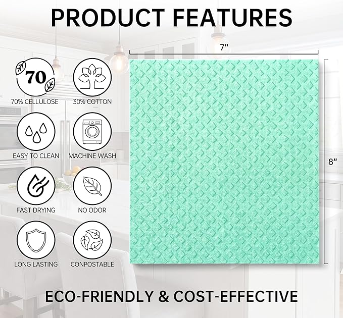 JOYMOOP Swedish Dishcloths, Reusable Cellulose Kitchen Cloths, Multicolor, 8 x 7 inches, 12 Pack, Diamond Pattern, Super Absorbent, Quick Dry, Odor Resistant, Lint Free