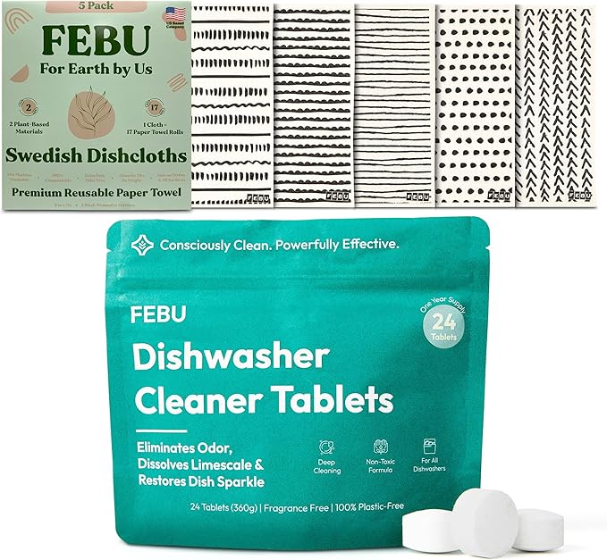 FEBU Save 15% on Swedish Dishcloth + Dishwasher Cleaner Tablets | 5 Pack Black Minimalist Reusable Paper Towels + 24ct Dish Washer Cleaner Tablets
