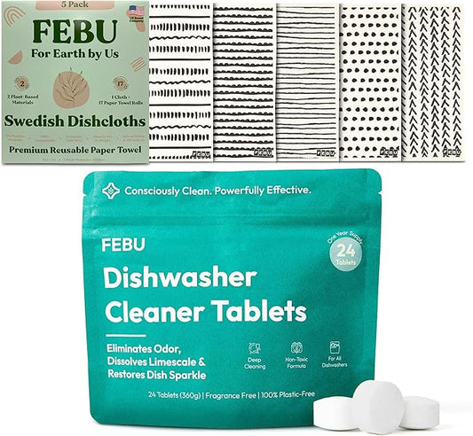 FEBU Save 15% on Swedish Dishcloth + Dishwasher Cleaner Tablets | 5 Pack Black Minimalist Reusable Paper Towels + 24ct Dish Washer Cleaner Tablets