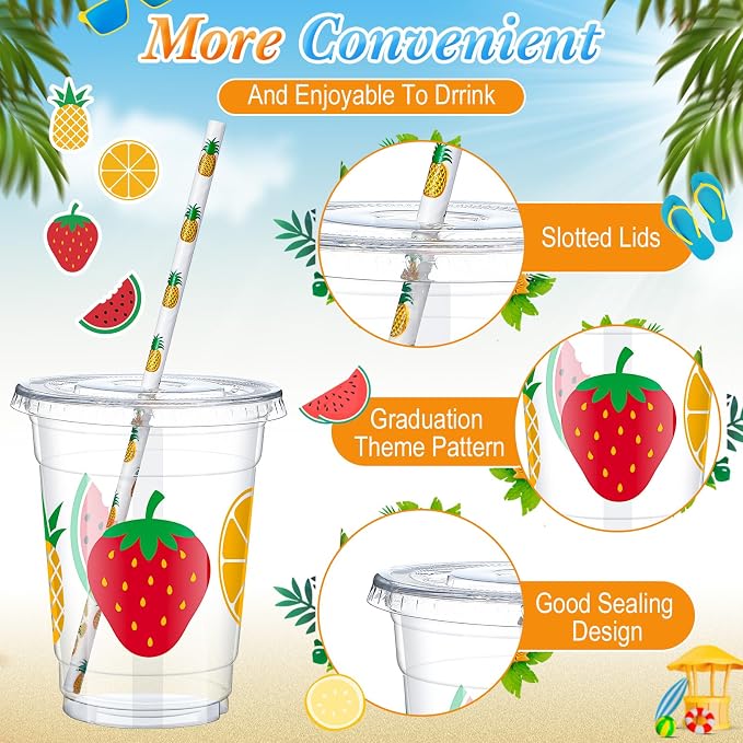 Blushtier 300 Pcs Fruit Disposable Plastic Cups with Lids and Straws 12oz Summer Party Favors Cups Fruit Disposable Clear Cups Summer Fruit Theme Party Supplies Favors