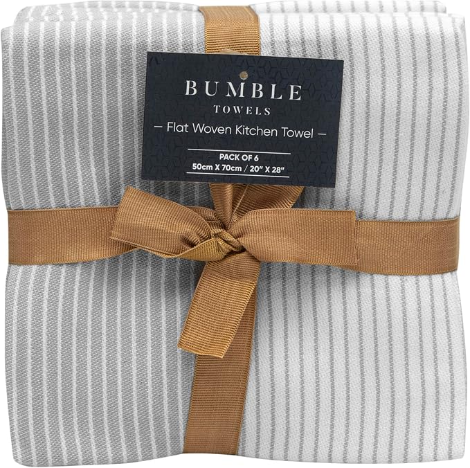 Premium Kitchen Towels (20”x 28”, 6 Pack) | Yarn Dyed Flat Woven Stripe Kitchen Towel Set| 238 GSM | Highly Absorbent with Hanging Loop | Grey