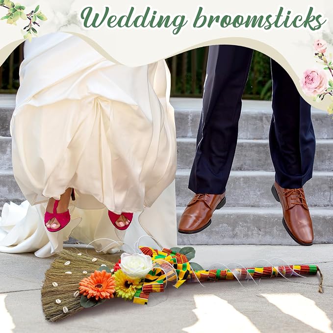 Yungyan Wedding Brooms for Jumping Ceremony Kente Bride Bridegroom DIY Whisk Brooms 12 x 29 Inch with Kente Cloth Gerbera Daisies African Shells for Wedding Ceremony Craft