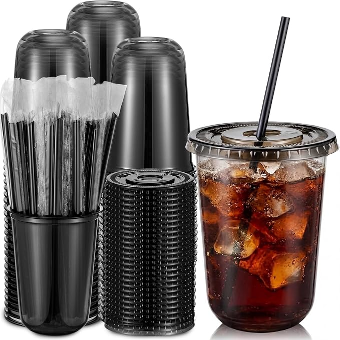 Ziliny 100 Set Black Plastic Cups with Lids and Straws, Disposable Iced Coffee PET Cups for Drinking Cold Beverage Juice Parfait Smoothie Milkshake Coffee Shops Party Supplies (16 oz)