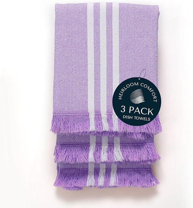 Monochrome Stripe 100% Cotton Dish Towels Set of 3, Decorative Fringes, 16x26 Inch, Quick Dry, Absorbent & Reusable for Cleaning, Cooking, Kitchen Decor, Machine Washable, Lavender