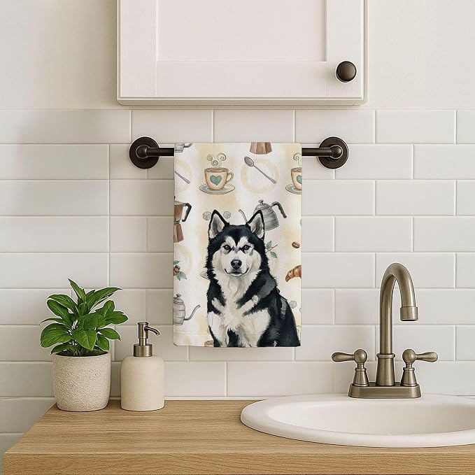 Caroline's Treasures Black and White Alaskan Malamute Coffee Bar Kitchen Towel Velour Plush Front and Cotton Loop Back Machine Washable