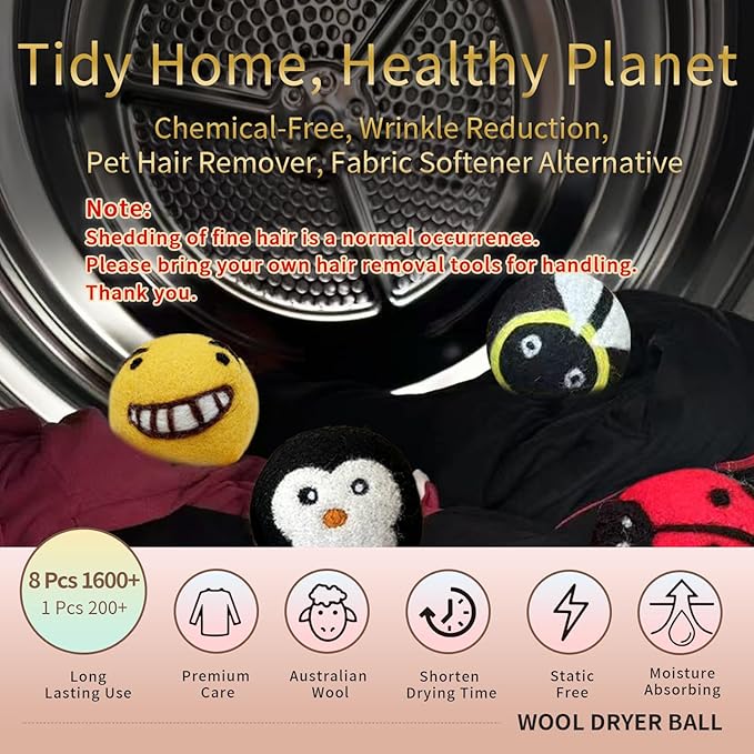 Bumblebee Wool Dryer Balls 8-Pack,Natural Fabric Softener Replacement, Vibrant Multi-Tone Design, Year-Round Static Control - Shorten Dryer Time for Kids' Clothes, Blankets & Delicates