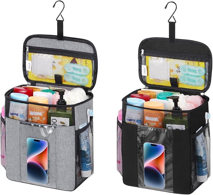 Lifewit 2 Packs Mesh Shower Caddy Bag Portable, Quick Dry Hanging Bathroom Organizer with PVC Phone Bag, College Dorm Room Essentials for Travel, Gym, Camping, Large, Black & Grey