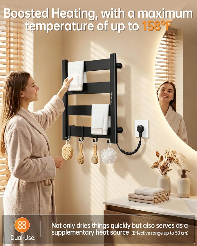 4-Bar Heated Towel Rack for Bathroom with Shelf and Hooks, Wall Mounted Plug-in Electric Towel Warmer, Fast PTC Heating in 6 Minutes, 3 Temperature Levels & 6 Timer Settings, Matte Black