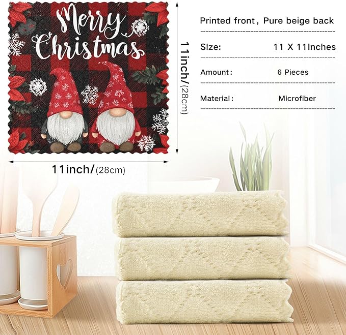 Red Black Checkered Christmas Gnome Kitchen Towels Dish Cloths Set of 6 Microfiber Cleaning Cloths for Cars Super Absorbent Machine