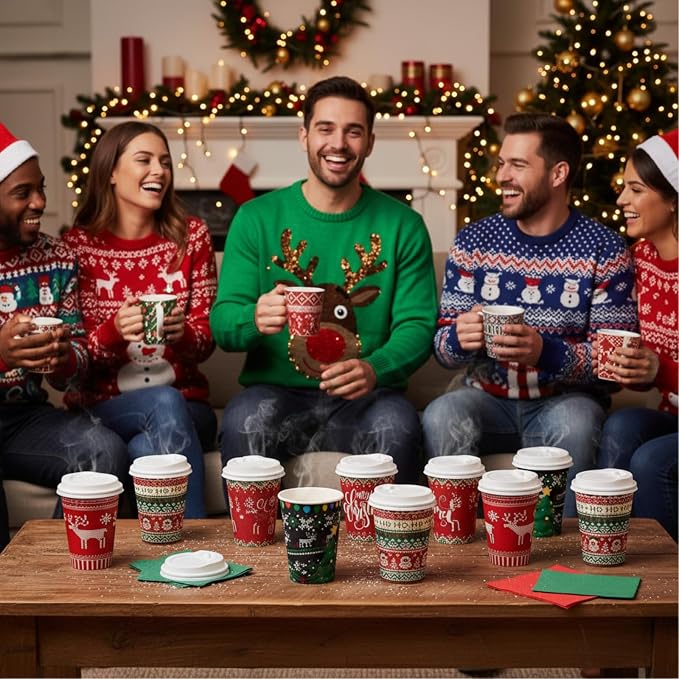 Gerrii 100 Set Christmas Paper Cups Disposable 12 oz with Lids Hot Chocolate Cups Coffee Cups Holiday Hot Cups for Hot and Cold Drinks Tea Water Bar Supplies Winter Season (Ugly Sweater Style)