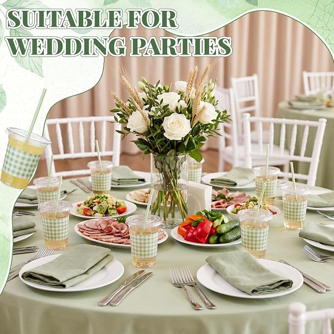 Domensi 25 Sets Sage Green and White Gingham Plastic Cups with Lids and Paper Straws 12oz Checkered Party Disposable Cups Bulk Drinking Cup for Cold Drinks Baby Shower Wedding Birthday Party Supplies