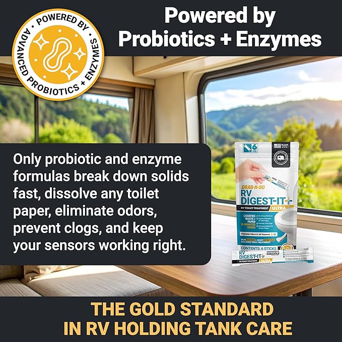 Unique RV Digest-It Ultra Stick Pack, 6 Count, Extra-Strength RV Toilet Treatment, No-Mess, Pre-measured, Grab-N-Go Bio-Enzymatic Black Tank Treatment, Eliminates Smells and Prevents Clogs