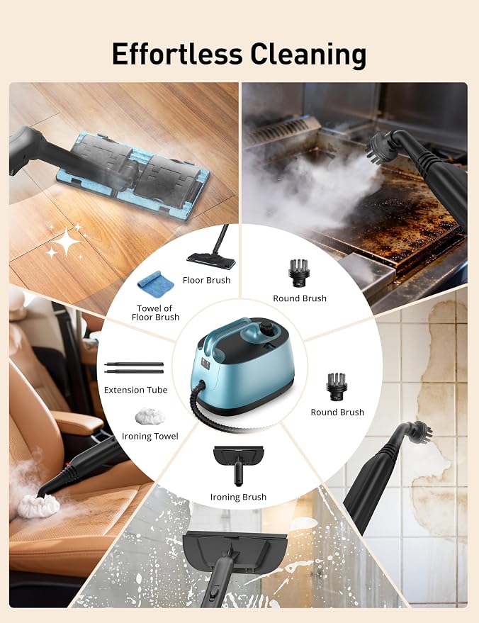 Carpet Steam Cleaner for Home, 293°F 58 PSI Powerful Multipurpose Handheld Steam Mop, 21 Attachments, 50Oz Capacity, Heavy Duty Steamer for Carpets, Floors, Cars, Tiles, Crack Cleaning, Turquoise
