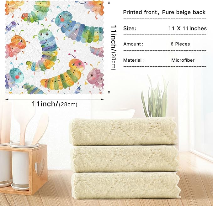 senya Kitchen Dishcloths, Watercolor Caterpillar Cloth Dish Towels 6 Pack Super Absorbent Dishtowels Reusable Cleaning Cloths